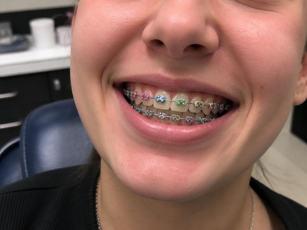 Aparelho ortodôntico colorido em paciente atendida na Costa Lima Odontologia em Madureira